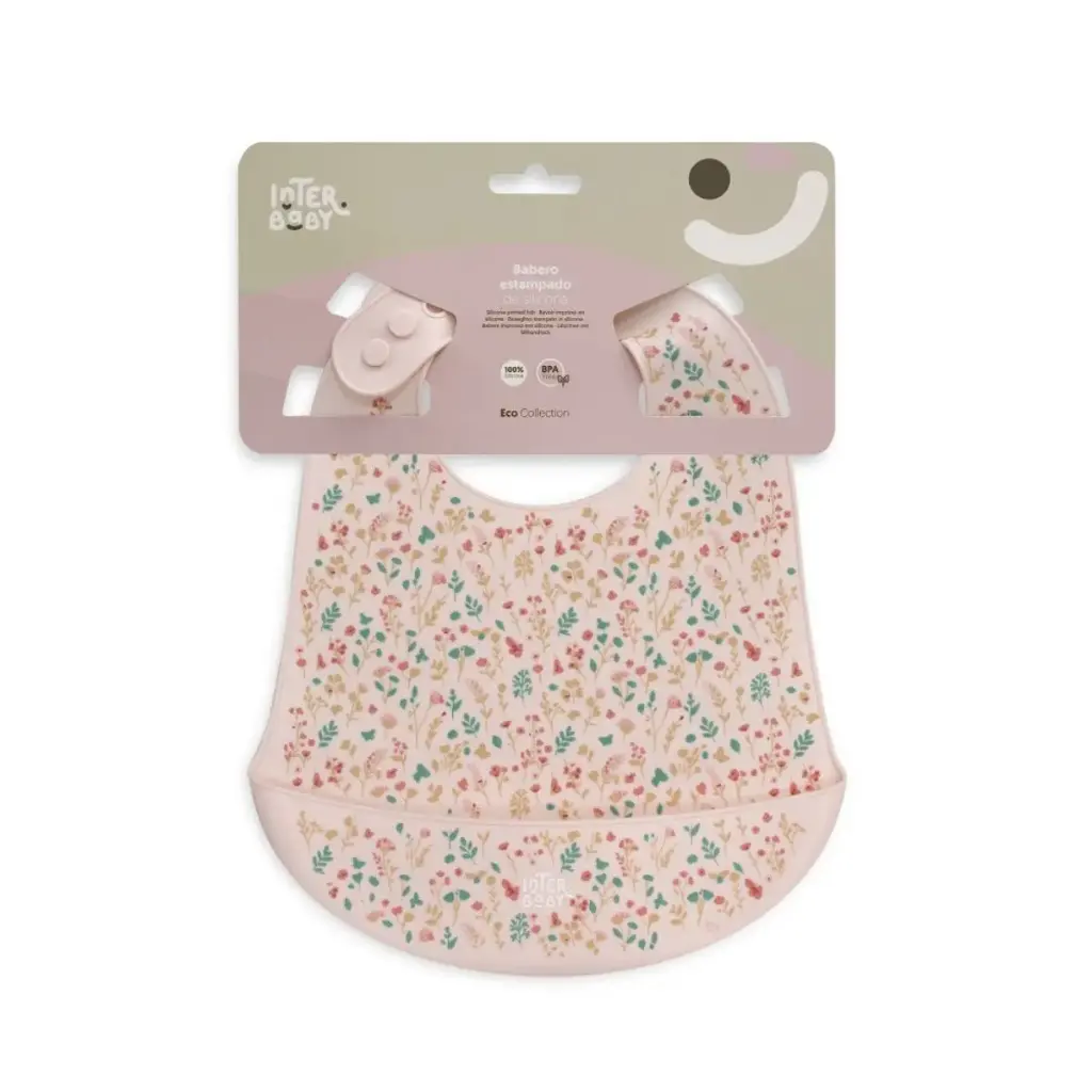 BABERO SILICONA ESTAMPADO MODELO FLORES PETALOS ROSA INTERBABY