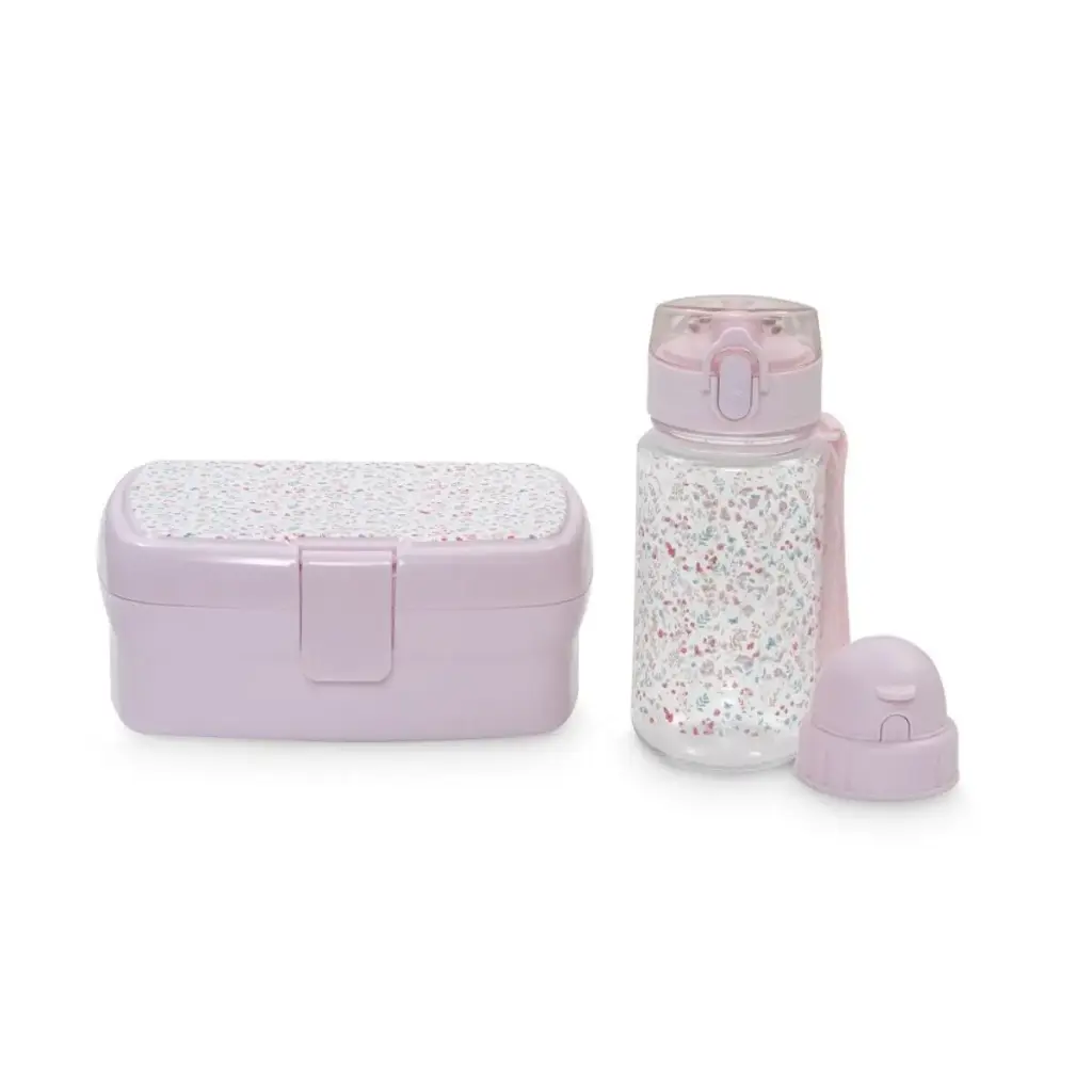 SET FIAMBRERA+BOTELLA AGUA + 2 TAPONES MODELO PETALOS ROSA INTERBABY