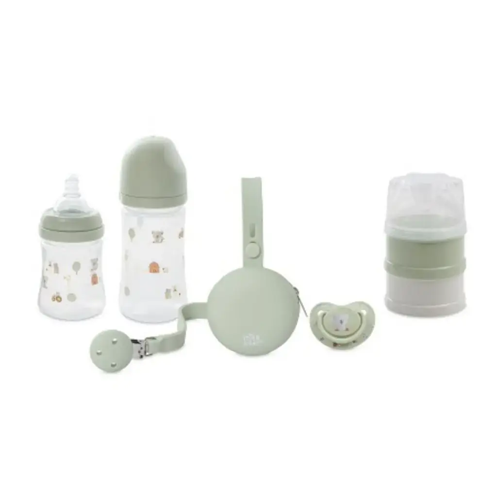 SET 6 PIEZAS BIBERONES+PORTACHUPETES+BROCHE+CHUPETE+DOSIFICADOR MODELO GRANJA KOALA VERDE INTERBABY