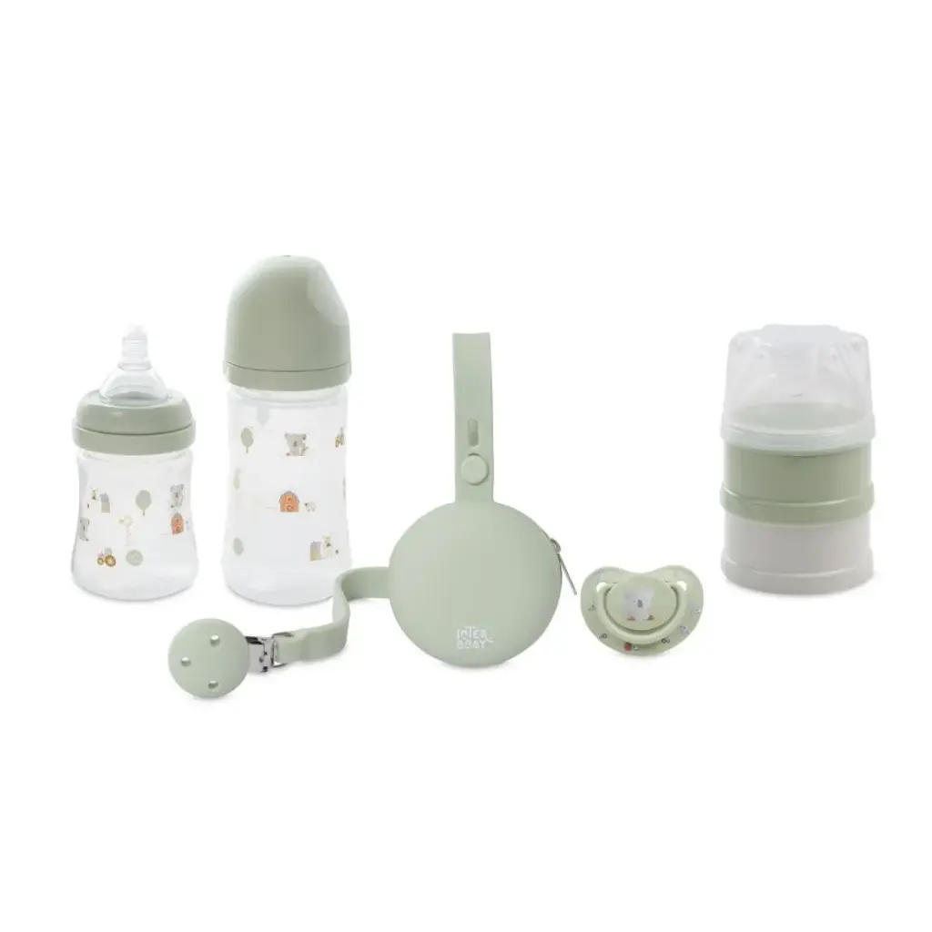 SET 6 PIEZAS BIBERONES+PORTACHUPETES+BROCHE+CHUPETE+DOSIFICADOR MODELO GRANJA KOALA VERDE INTERBABY