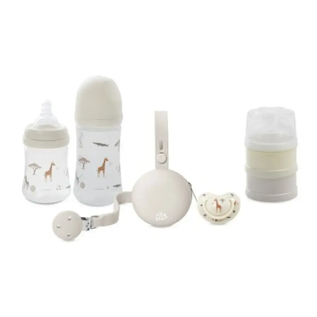 SET 6 PIEZAS BIBERONES+PORTACHUPETES+BROCHE+CHUPETE+DOSIFICADOR MODELO SAVANNA BEIGE INTERBABY