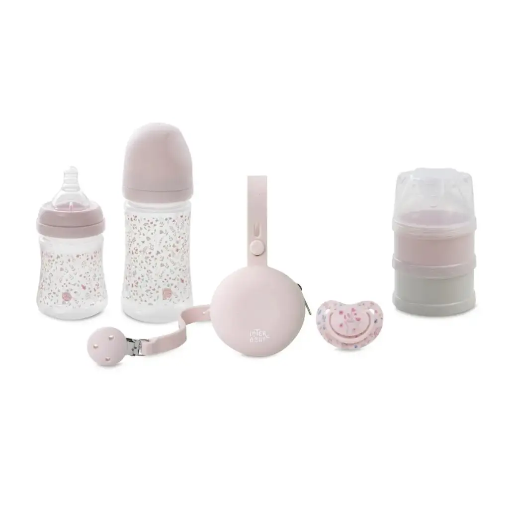 SET 6 PIEZAS BIBERONES+PORTACHUPETES+BROCHE+CHUPETE+DOSIFICADOR MODELO FLORES PETALOS ROSA INTERBABY