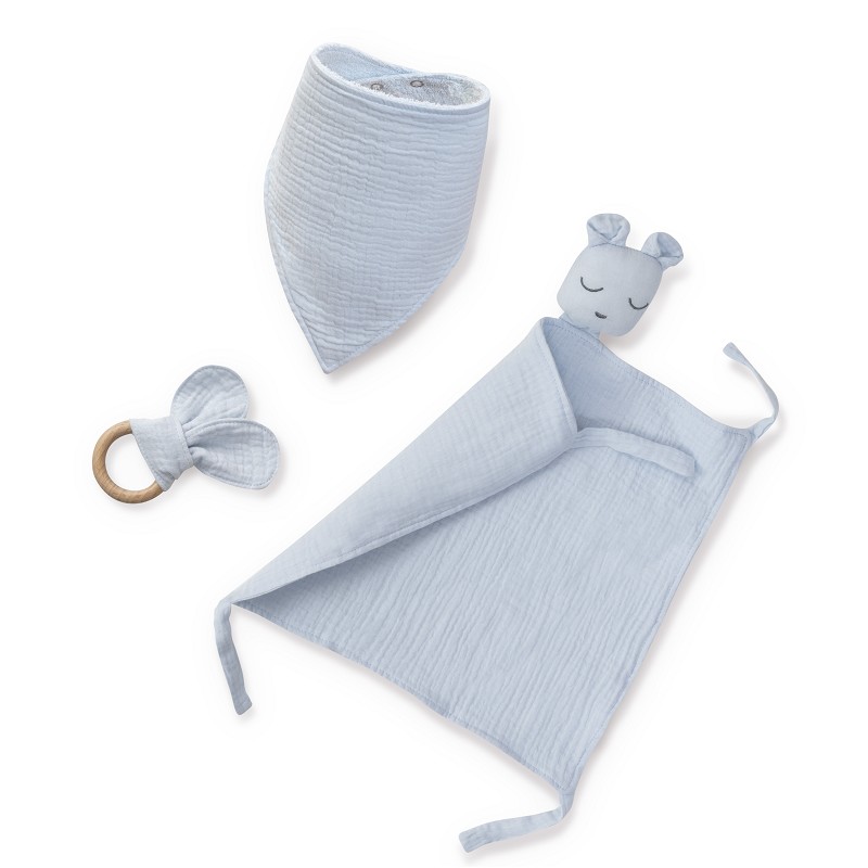 SET DOU DOU+BANDANA+MORDEDOR MUSELINA OSO AZUL GRISACEO INTERBABY