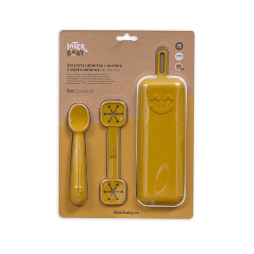 [SI012-75] SET PORTACUBIERTOS+CUCHARA+SUJETA BABEROS SILICONA SI012-75 OCRE TIERRA INTERBABY