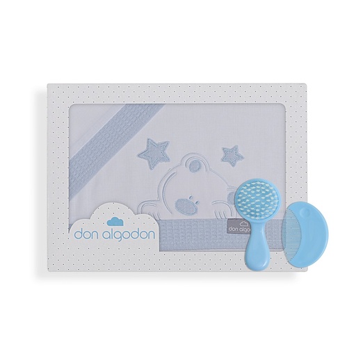 [D3185-11] TRIPTICO CUNA TELA 100% ALG. VIGGO+PEINE Y CEPILLO BLANCO-AZUL DON ALGODON
