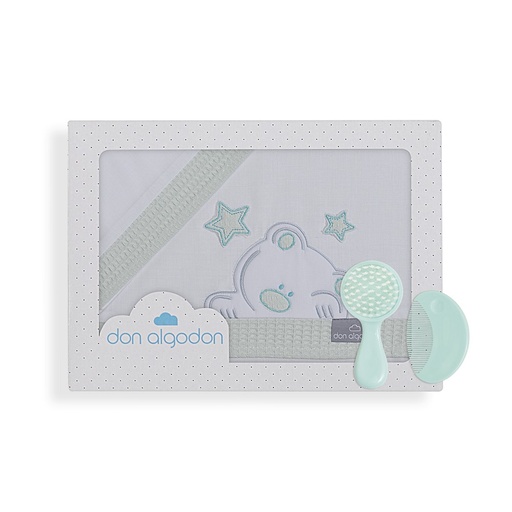 [D3185-62] TRIPTICO CUNA TELA 100% ALG. VIGGO+PEINE Y CEPILLO BLANCO-MENTA DON ALGODON
