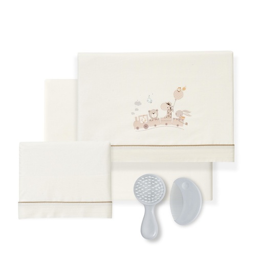 [D3198-05] TRIPTICO CUNA 100% ALG. JIRAFA TREN+PEINE Y CEPILLO BLANCO-BEIGE DON ALGODON