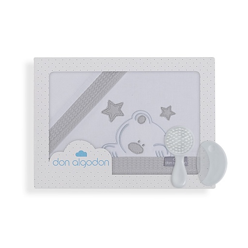 [D3185-18] TRIPTICO CUNA TELA 100% ALG. VIGGO+PEINE Y CEPILLO BLANCO-GRIS DON ALGODON