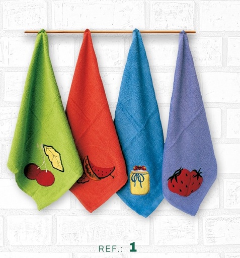 [PCSURTIDO1-50X50] PACK 4 PAÑOS COCINA BORDADOS REF 1 FRUTAS FIOTEX