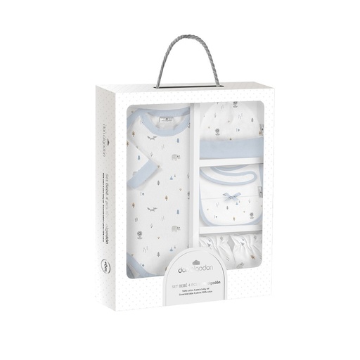 [DSET01-01] SET REGALO BODY 4 PCS 100% ALG T 0-6M ANIMALES FOX AZUL INTERBABY