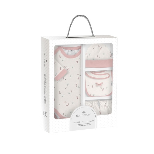 [DSET02-22] SET REGALO BODY 4 PCS 100% ALG T 0-6M FLORES BOTANICO BEIGE-ROSA INTERBABY