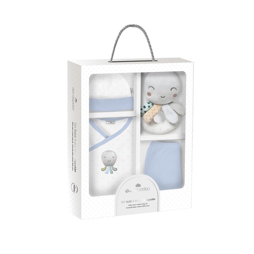 [DSET04-01] SET REGALO SONAJERO 4 PCS 100% ALG T 0-6M PULPO AZUL INTERBABY