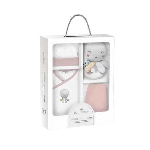 [DSET04-02] SET REGALO SONAJERO 4 PCS 100% ALG T 0-6M PULPO ROSA INTERBABY