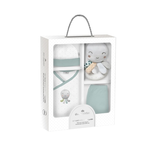 [DSET04-03] SET REGALO SONAJERO 4 PCS 100% ALG TALLA 0-6 MOD PULPO VERDE INTERBABY