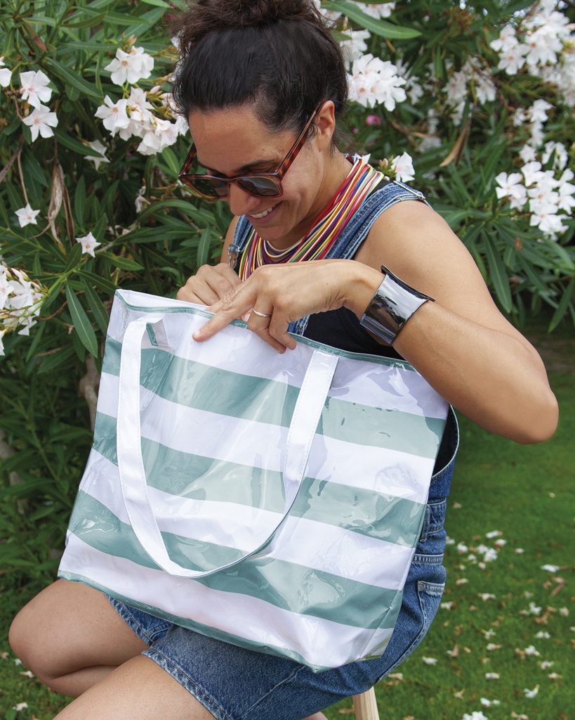 BOLSO PLAYA IMPERMEABLE DE RAYAS 05810 53X36X16CM VERDE SUN&SURF