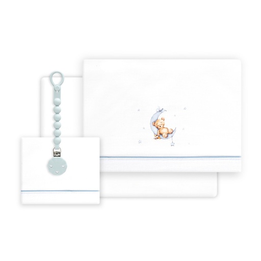 [03331-11] TRIPTICO CUNA ESTAMPADO OSO LUNA ESTRELLAS + CHUPETERO BLANCO-AZUL INTERBABY