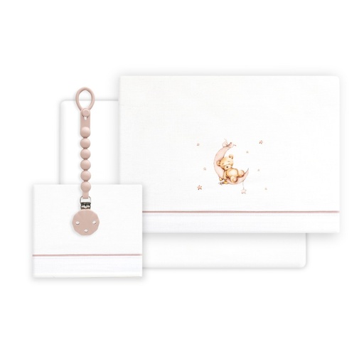 [03331-12] TRIPTICO CUNA ESTAMPADO OSO LUNA ESTRELLAS + CHUPETERO BLANCO-ROSA INTERBABY