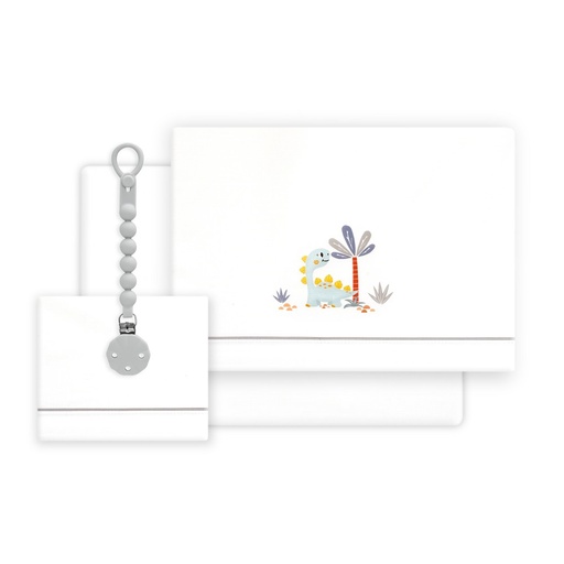 [03332-18] TRIPTICO CUNA ESTAMPADO DINOSAURIO PALMERA + CHUPETERO BLANCO-GRIS INTERBABY