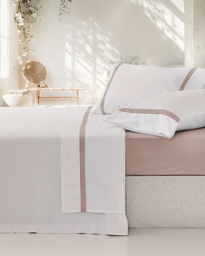 JUEGO SÁBANAS 100% ALGODÓN PERCAL PEINADO 200 HILOS BLANCO-ROSA VIDAL HOME