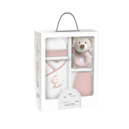 [DSET05-02] SET REGALO SONAJERO 4 PCS 100% ALG T 0-6M OSO ROSA INTERBABY