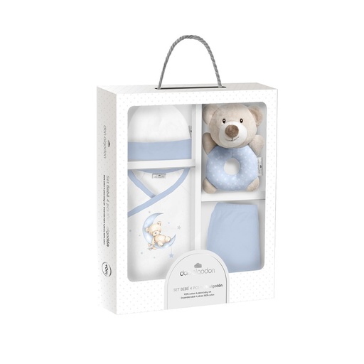[DSET05-01] SET REGALO SONAJERO 4 PCS 100% ALG T 0-6M OSO AZUL INTERBABY