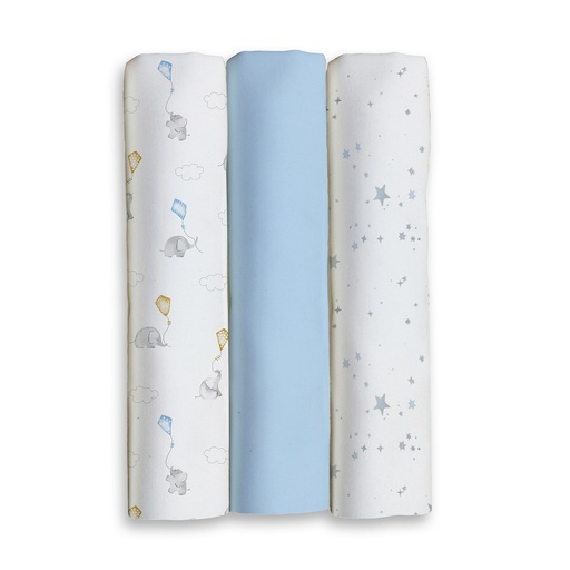 [98981-01] PACK 3 GASAS 80X80 ELEFANTES ESTRELLAS AZUL INTERBABY