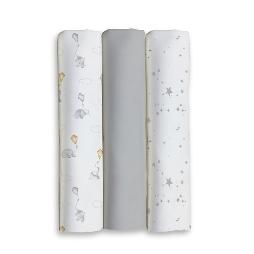 [98981-31] PACK 3 GASAS 80X80 ELEFANTES ESTRELLAS GRIS INTERBABY