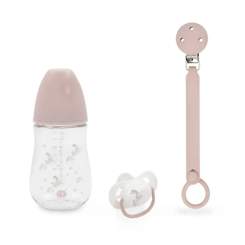 SET 3 PCS SILICONA CHUPETERO+CHUPETE+BIBERON SET-59 ROSA INTERBABY