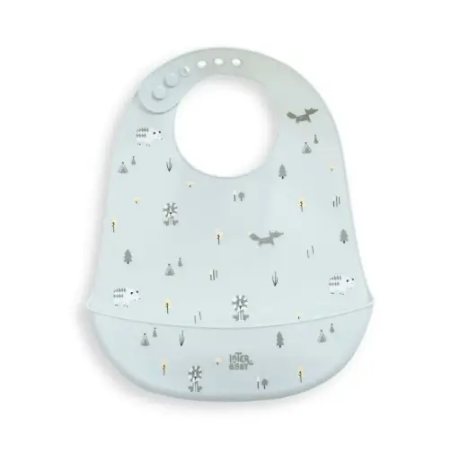 BABERO SILICONA ESTAMPADDO MODELO FOREST AZUL GRISACEO INTERBABY