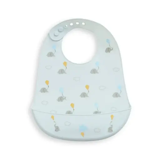 BABERO SILICONA ESTAMPADDO MODELO ELEFANTES AZUL GRISACEO INTERBABY